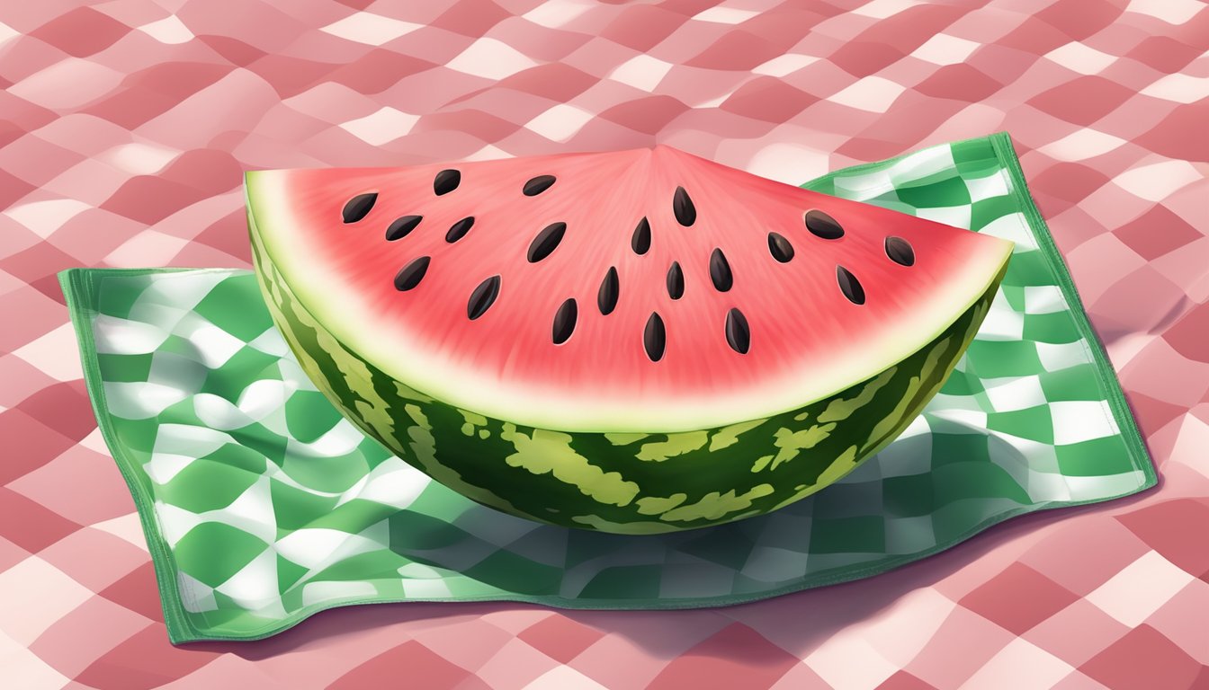 A juicy watermelon sliced open, with seeds and pink flesh visible, surrounded by vibrant green rind and placed on a checkered picnic blanket