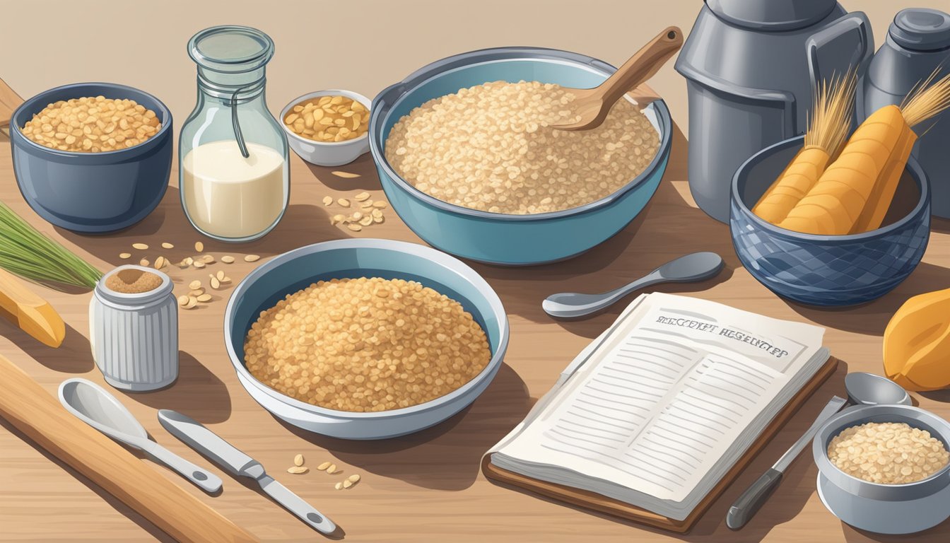 A kitchen counter with a variety of ingredients and cooking utensils, including a jar of steel cut oats, a pot, and a recipe book open to a page on non-breakfast oat recipes