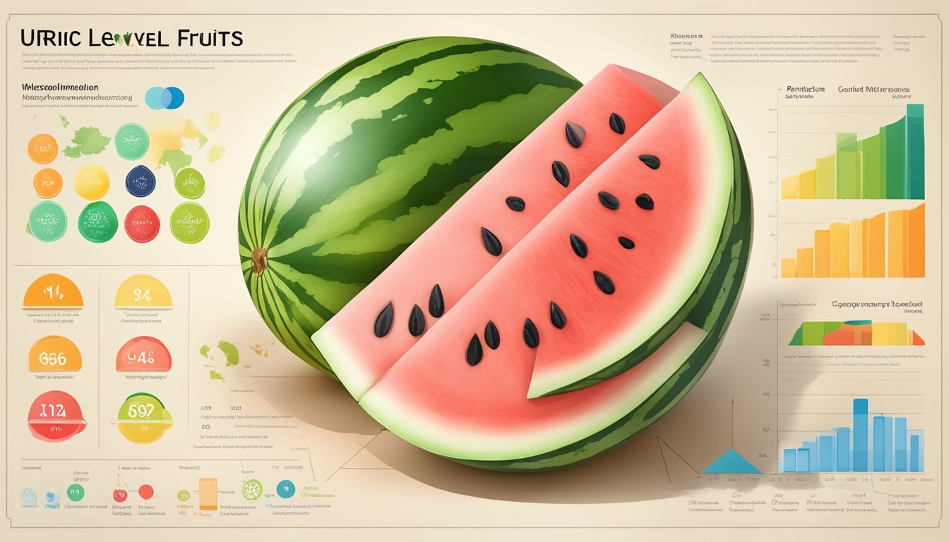 A colorful array of low-purine fruits, including watermelon, surrounded by informational charts and graphs on uric acid levels