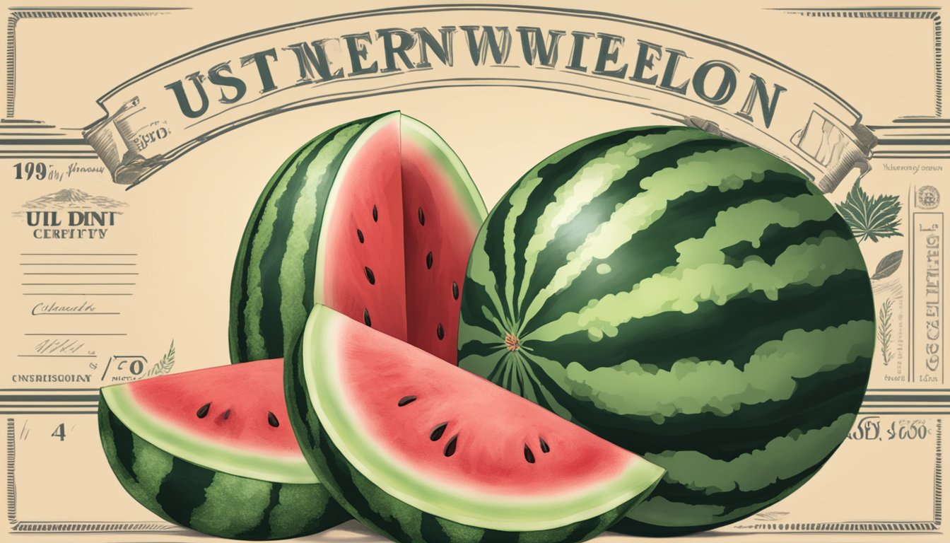 A ripe watermelon surrounded by USDA certification stamp