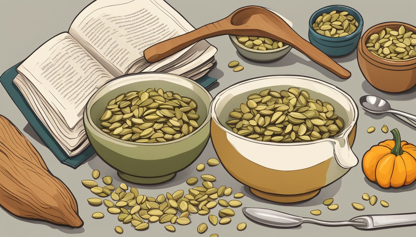 A bowl of roasted pumpkin seeds surrounded by various ingredients and cooking utensils, with a recipe book open to a page about incorporating pumpkin seeds into a crunchy dish