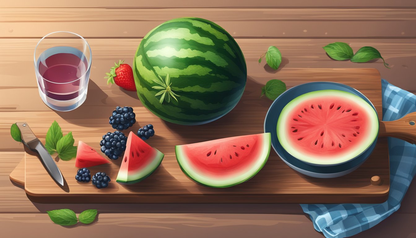 A ripe watermelon sits on a wooden cutting board, surrounded by a knife, a bowl of mixed berries, and a glass of water