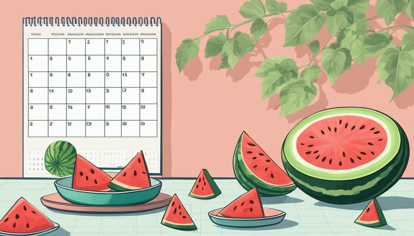 A watermelon surrounded by empty plates and a calendar showing three days crossed out. Fruit flies buzz around the ripe, juicy slices