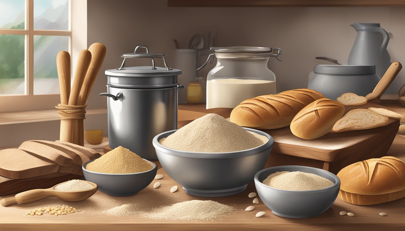 A rustic kitchen counter with bowls of spelt flour, a rolling pin, and various bread and pastry ingredients scattered around