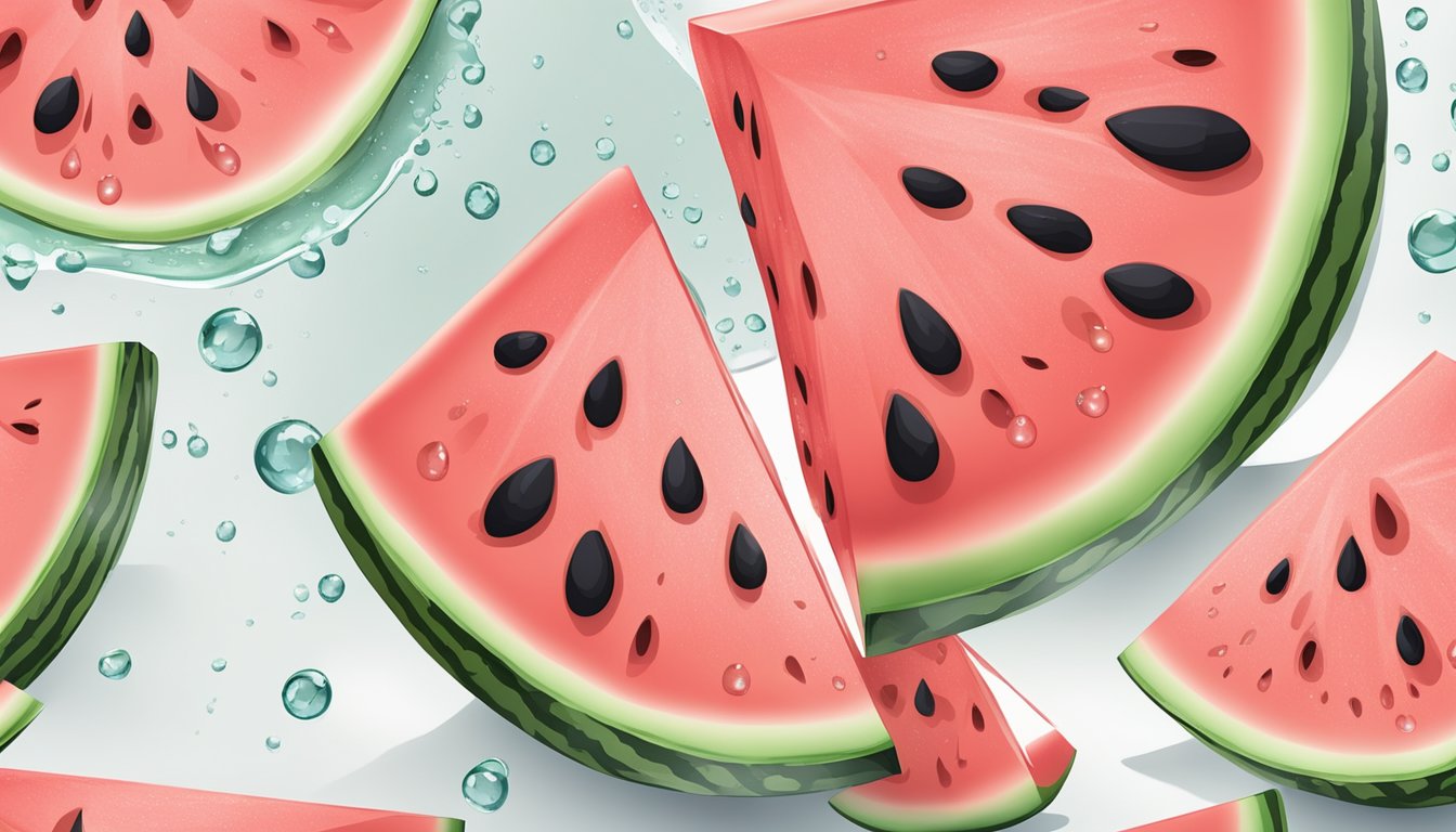 A refreshing slice of watermelon with a calorie count of 6, surrounded by water droplets on a clean, white surface