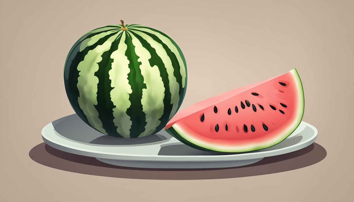 A sliced watermelon on a plate with a measuring scale