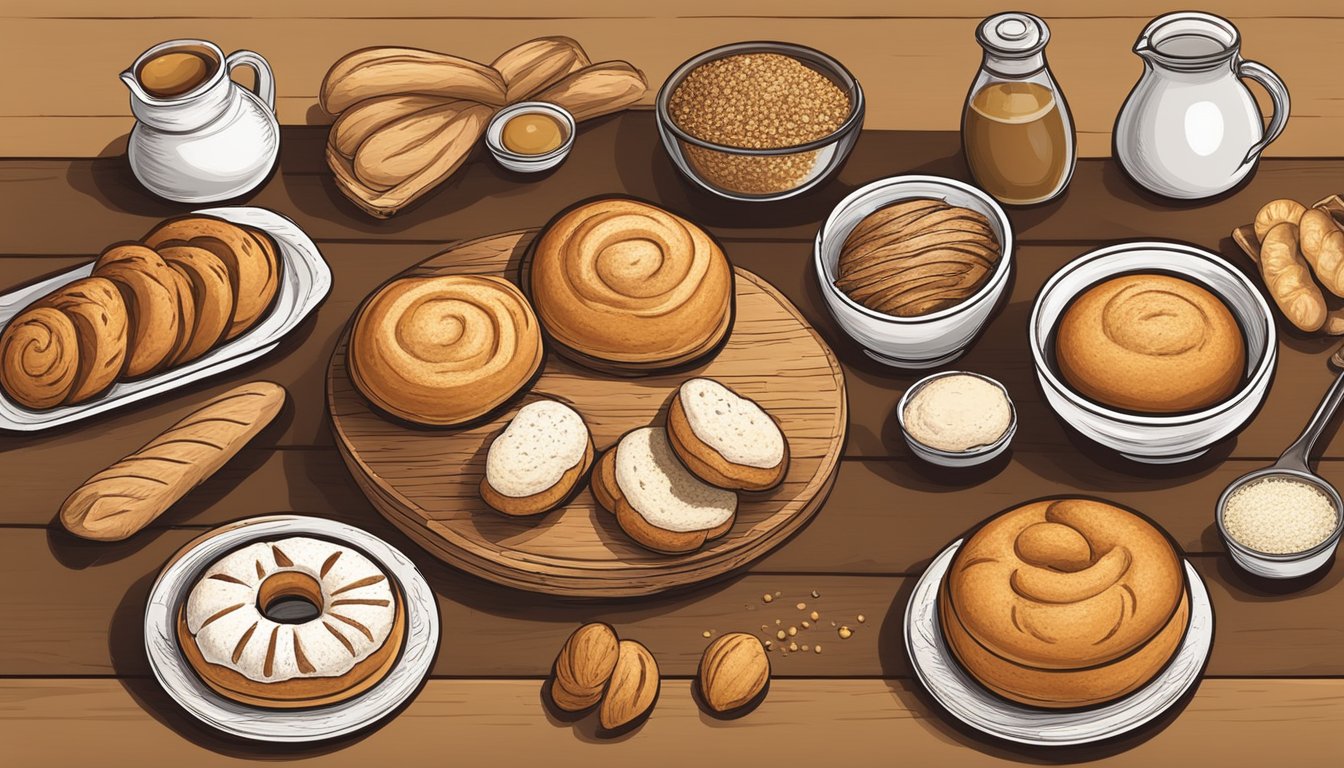 A rustic wooden table with various types of breads and pastries made with spelt flour, surrounded by baking tools and ingredients