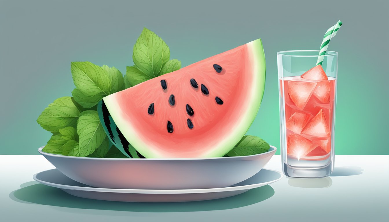 A slice of watermelon on a white plate with a sprig of mint beside it. A glass of water with ice sits next to the plate