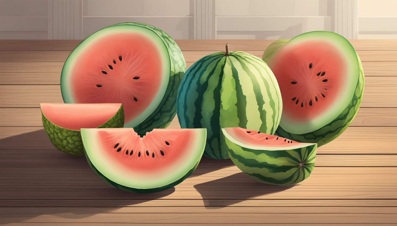 A watermelon, cantaloupe, and honeydew sit side by side on a wooden table. Each melon is sliced open to reveal its vibrant, juicy interior