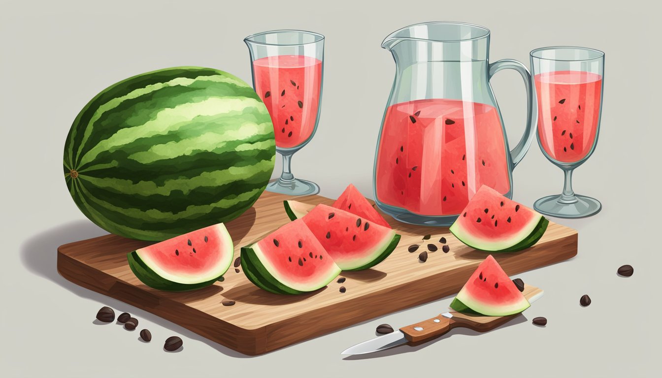 A sliced watermelon on a wooden cutting board with a knife and scattered seeds. A glass pitcher and a few glasses filled with watermelon chunks on a table