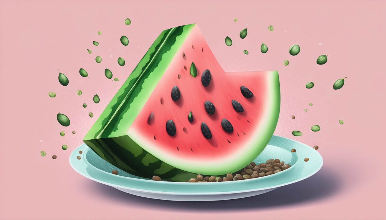 A juicy watermelon slice on a plate, surrounded by scattered seeds and a few droplets of water