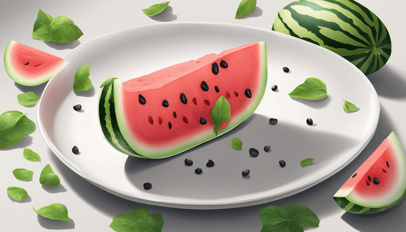 A slice of watermelon on a clean white plate with seeds scattered around