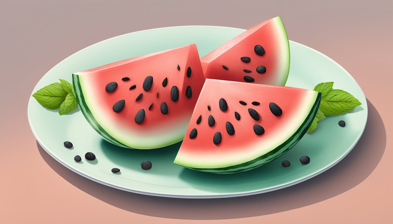 A juicy watermelon slice with seeds, surrounded by smaller watermelon chunks and a sprig of mint on a white plate