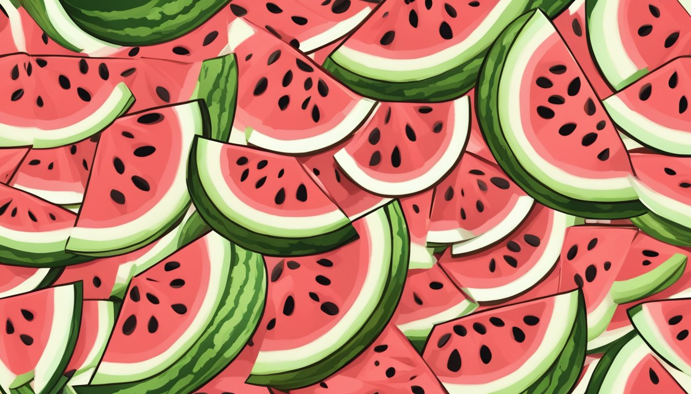 A sliced watermelon on a wooden cutting board with scattered seeds