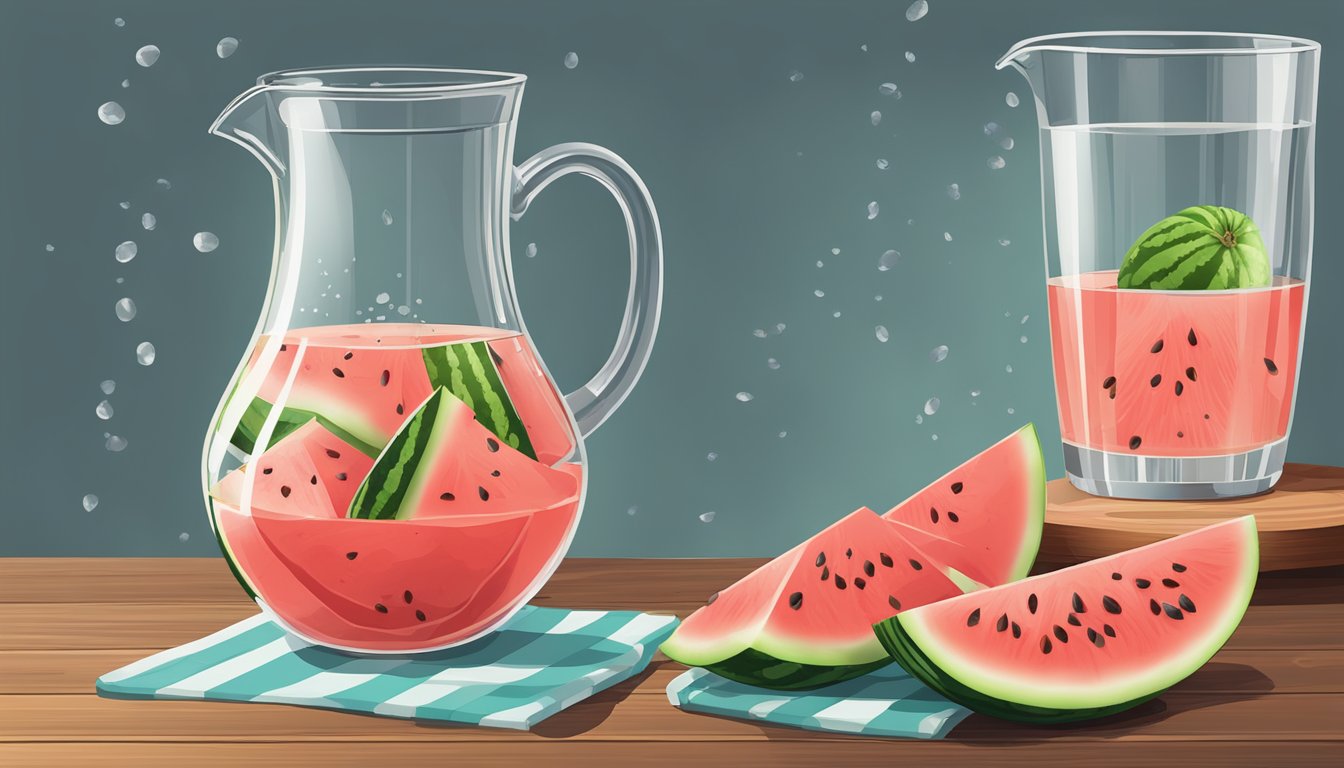 A ripe watermelon sliced into wedges on a wooden cutting board, surrounded by a glass pitcher filled with water and a few scattered seeds