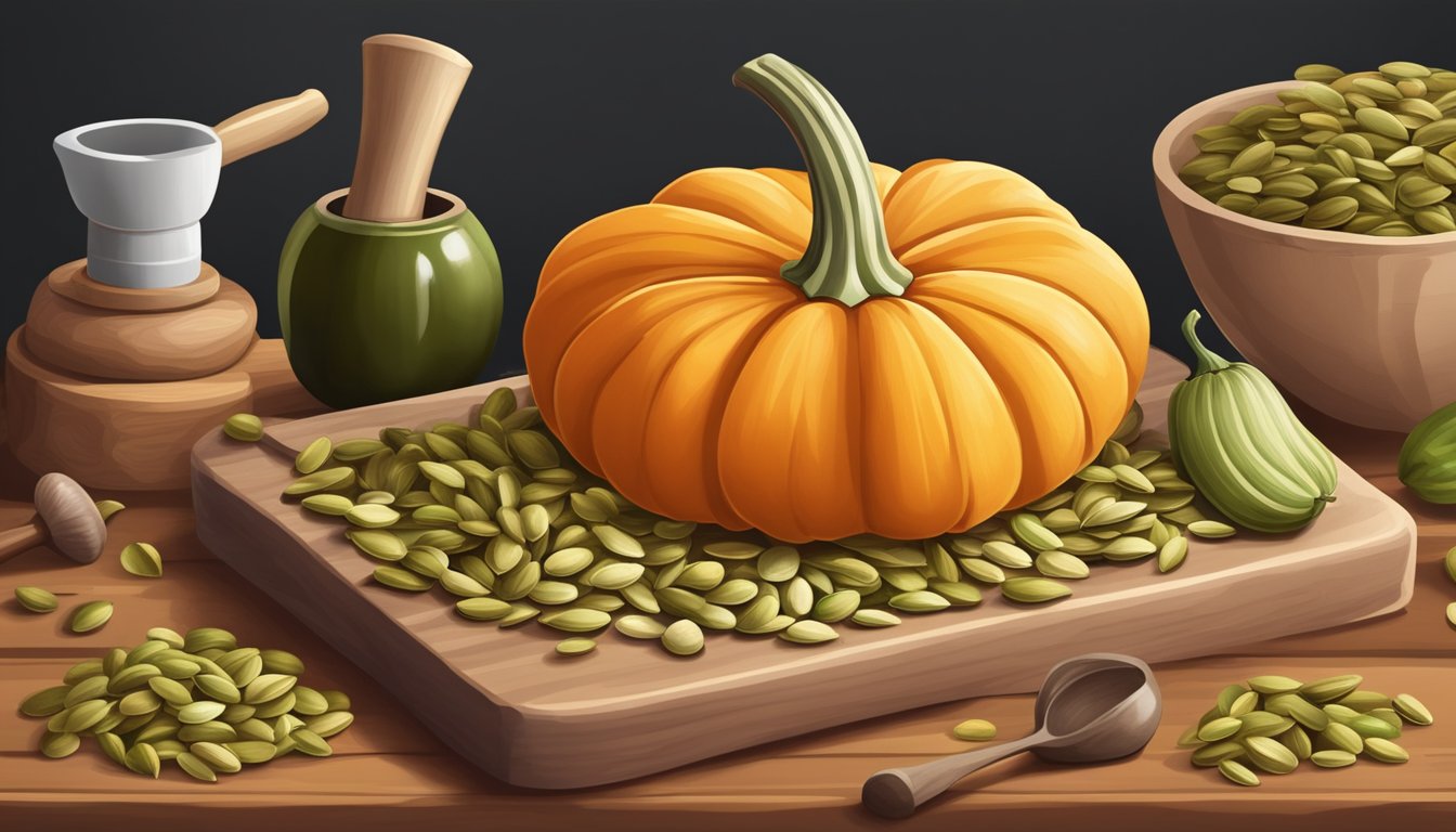 A variety of pumpkin seeds arranged on a wooden cutting board, with a mortar and pestle, and various cooking utensils nearby