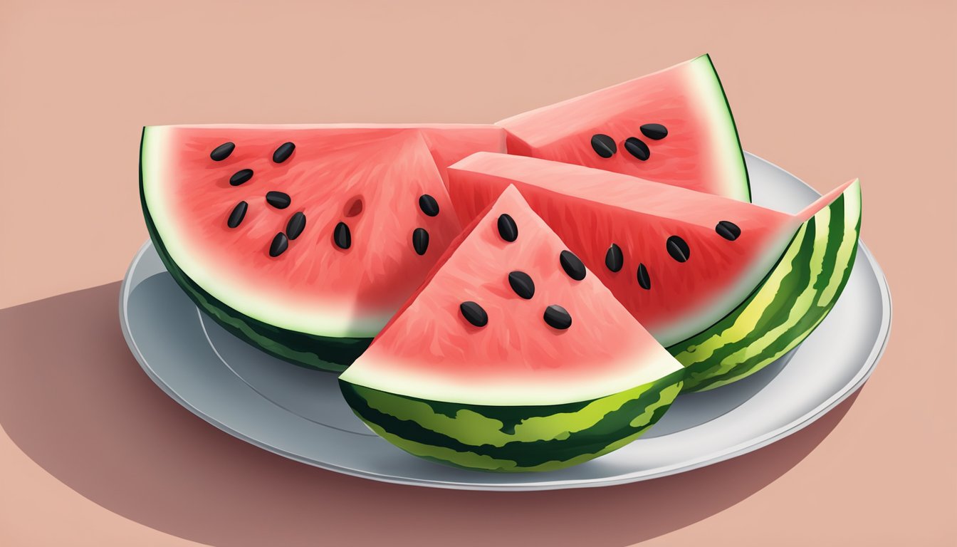 A watermelon sliced into small pieces, with seeds and rind removed, arranged on a plate