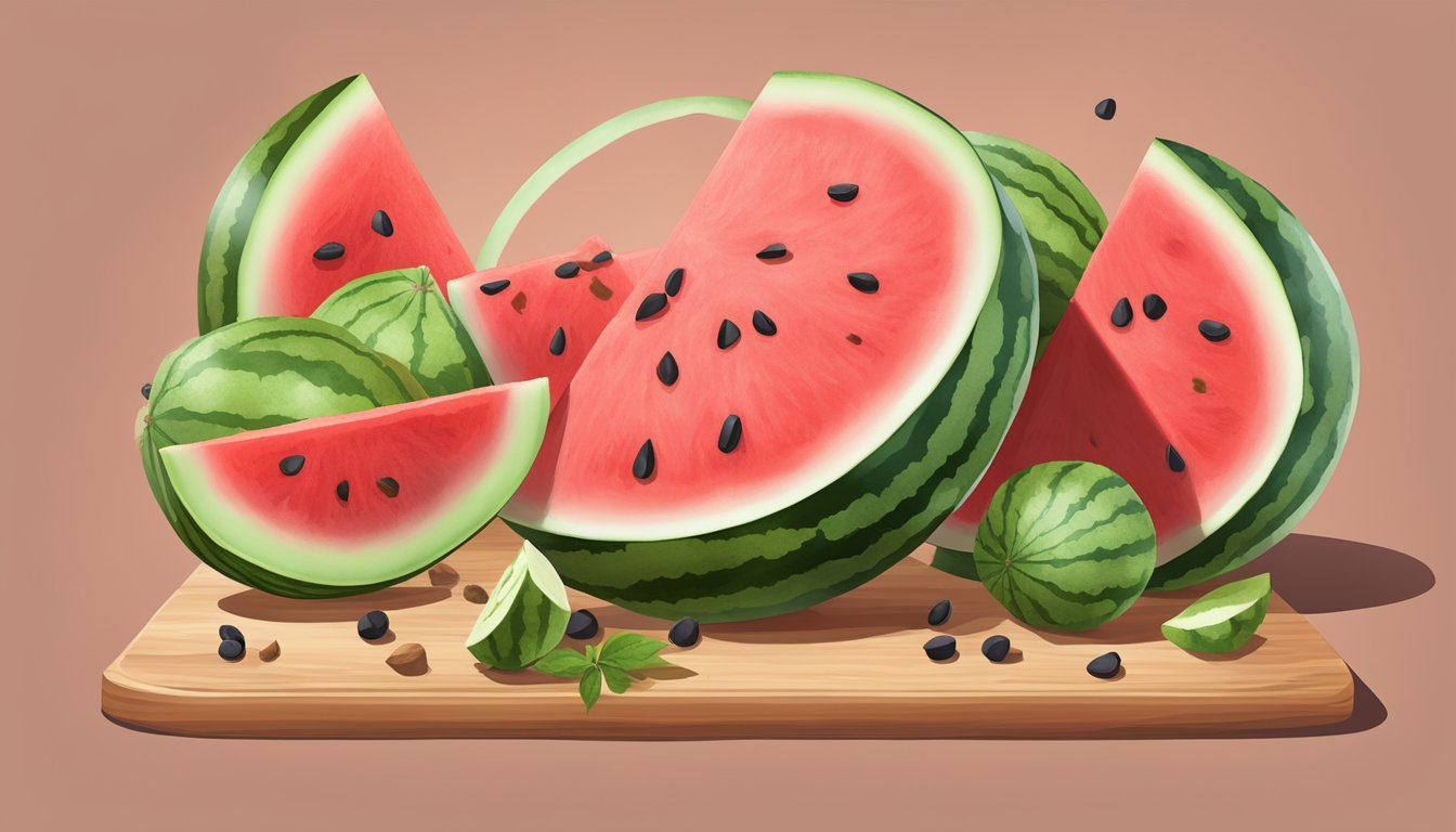 A juicy slice of watermelon surrounded by smaller chunks, with seeds scattered around on a wooden cutting board