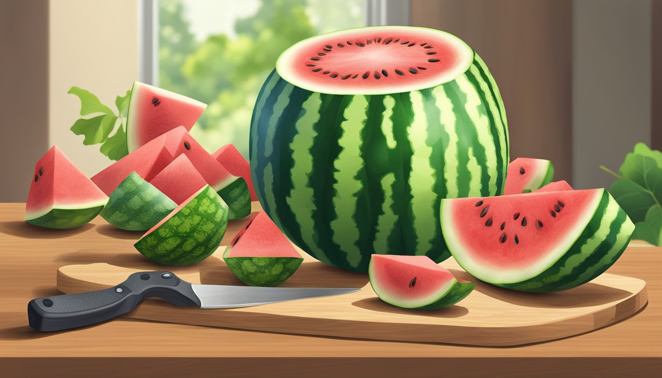 A watermelon being sliced into cubes on a cutting board