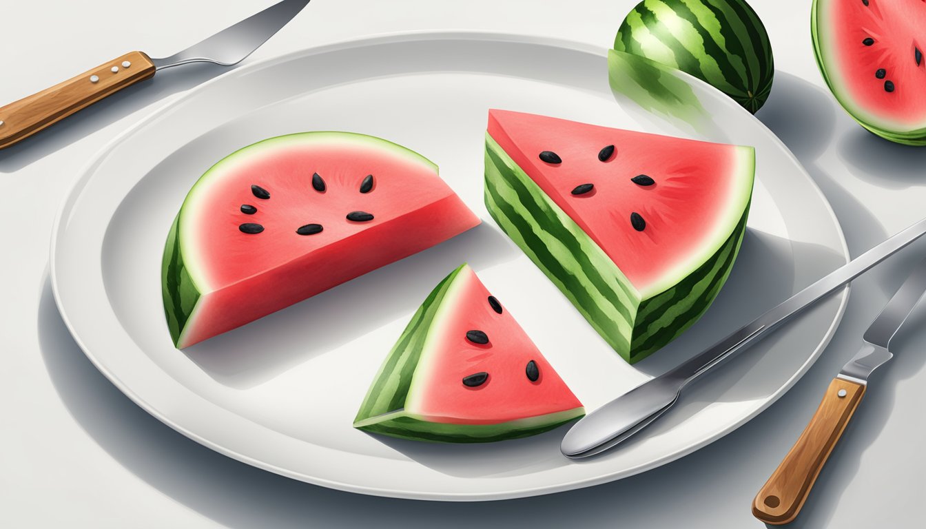 Two cups of watermelon slices arranged on a white plate with a knife and fork next to it