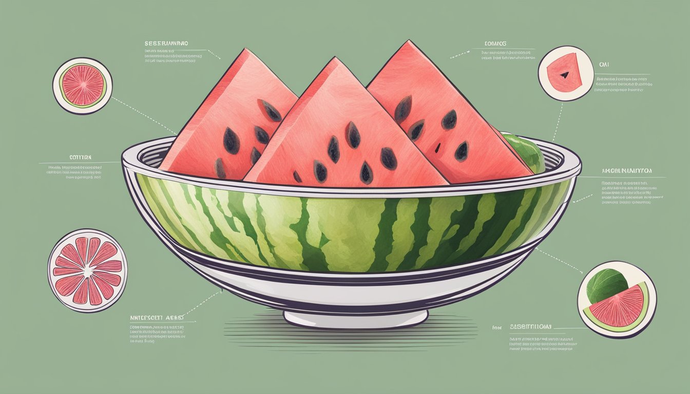 A bowl of sliced watermelon, weighing 280 grams, with dietary symbols indicating restrictions and considerations