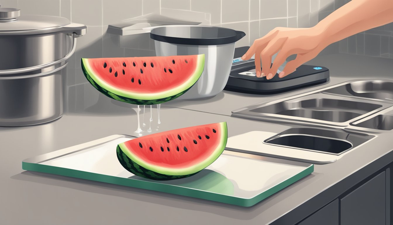 A hand reaching for a watermelon, sitting on a kitchen scale, with a storage container nearby