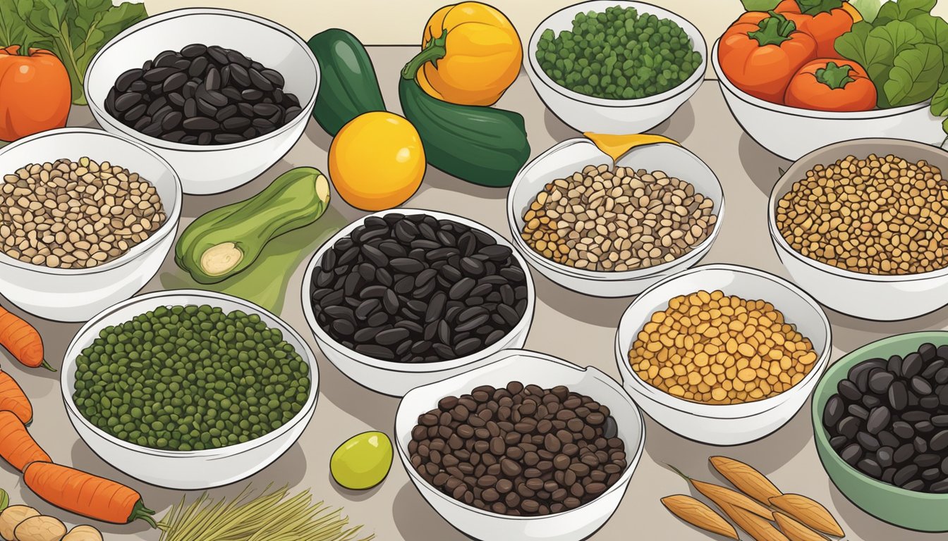 A colorful array of black beans, vegetables, and grains arranged on a kitchen counter, ready to be cooked into fiber-filled dishes