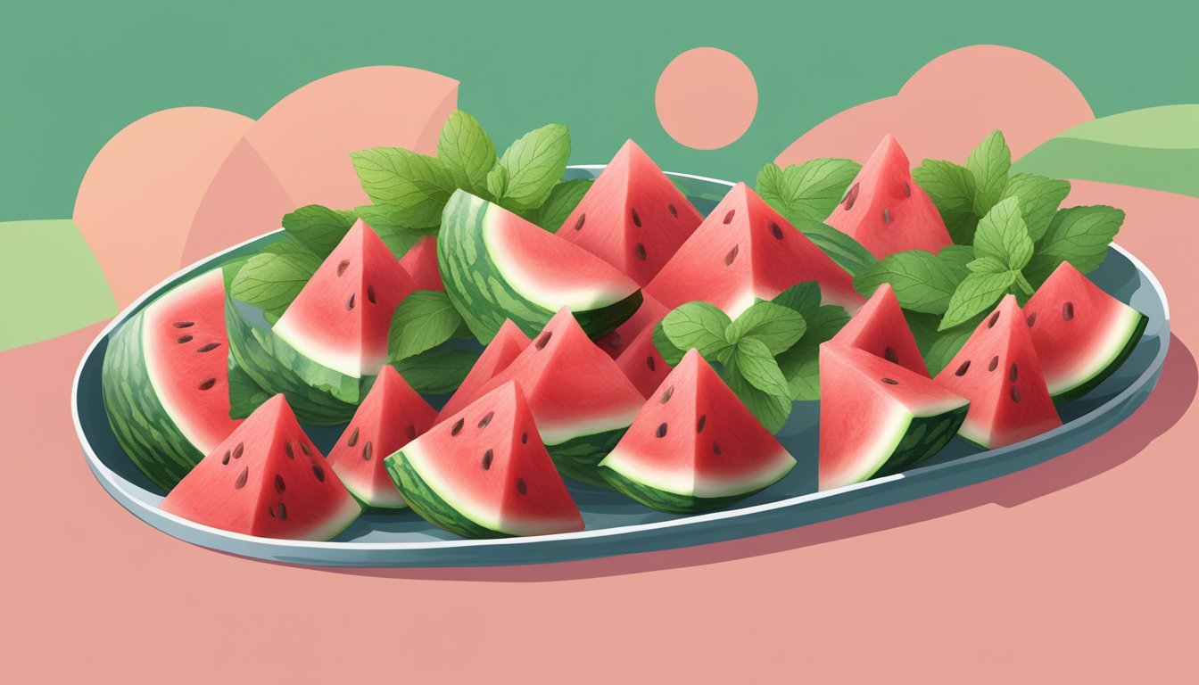 A watermelon sliced into cubes and arranged on a platter with mint leaves as garnish