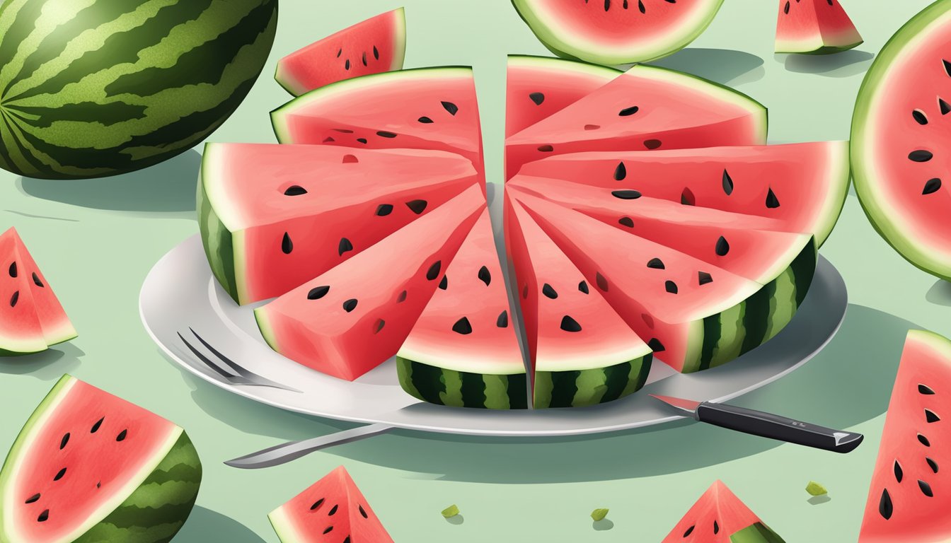 A knife slicing through a watermelon, with the fruit cut into small pieces and placed on a plate