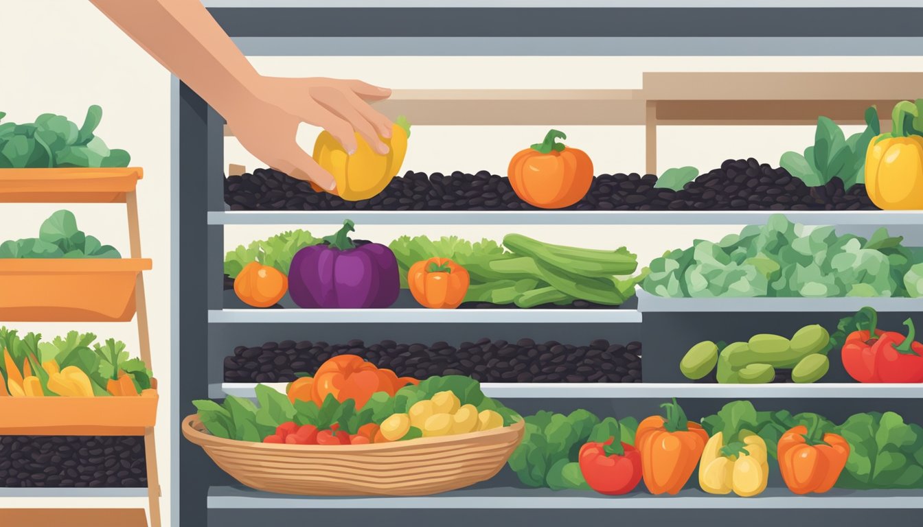 A hand reaching for a bag of black beans on a shelf, next to a basket of colorful vegetables