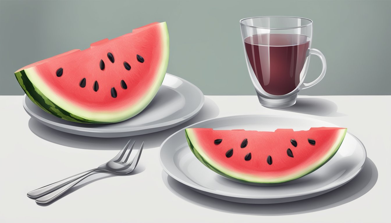 Two cups of watermelon chunks on a white plate, with a fork next to it