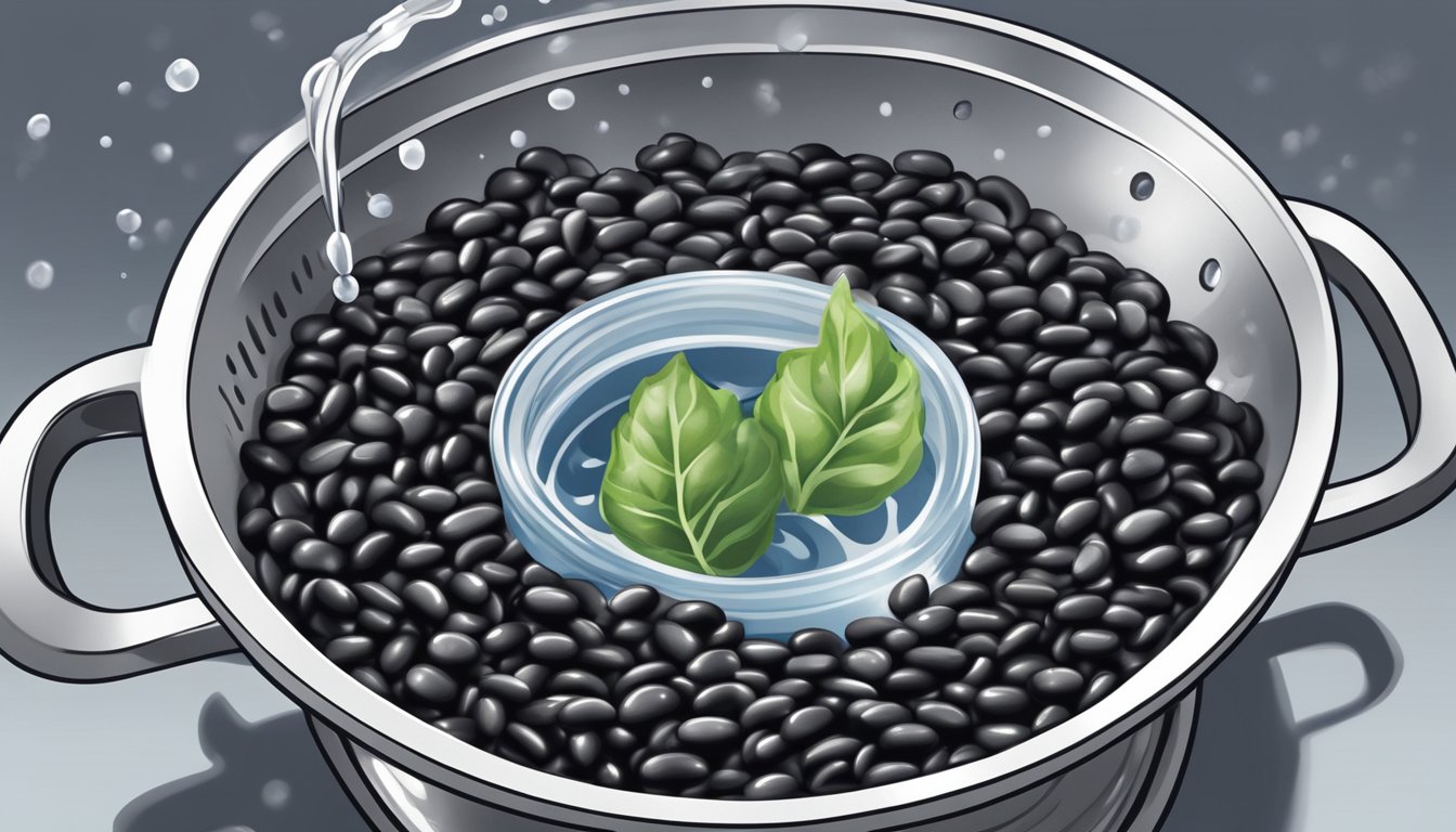 A pile of dried black beans in a colander, being rinsed under running water in a kitchen sink