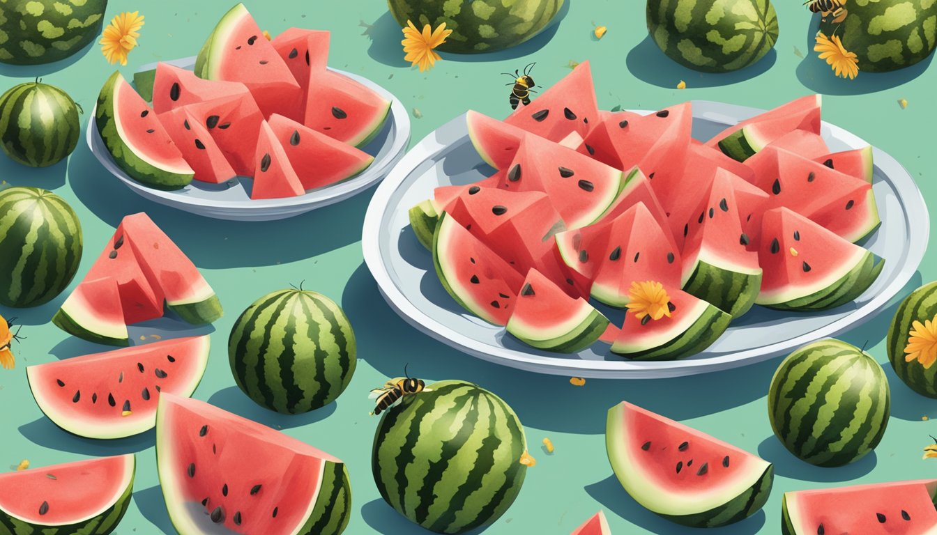 A picnic table with a spilled bowl of watermelon, surrounded by a swarm of buzzing bees