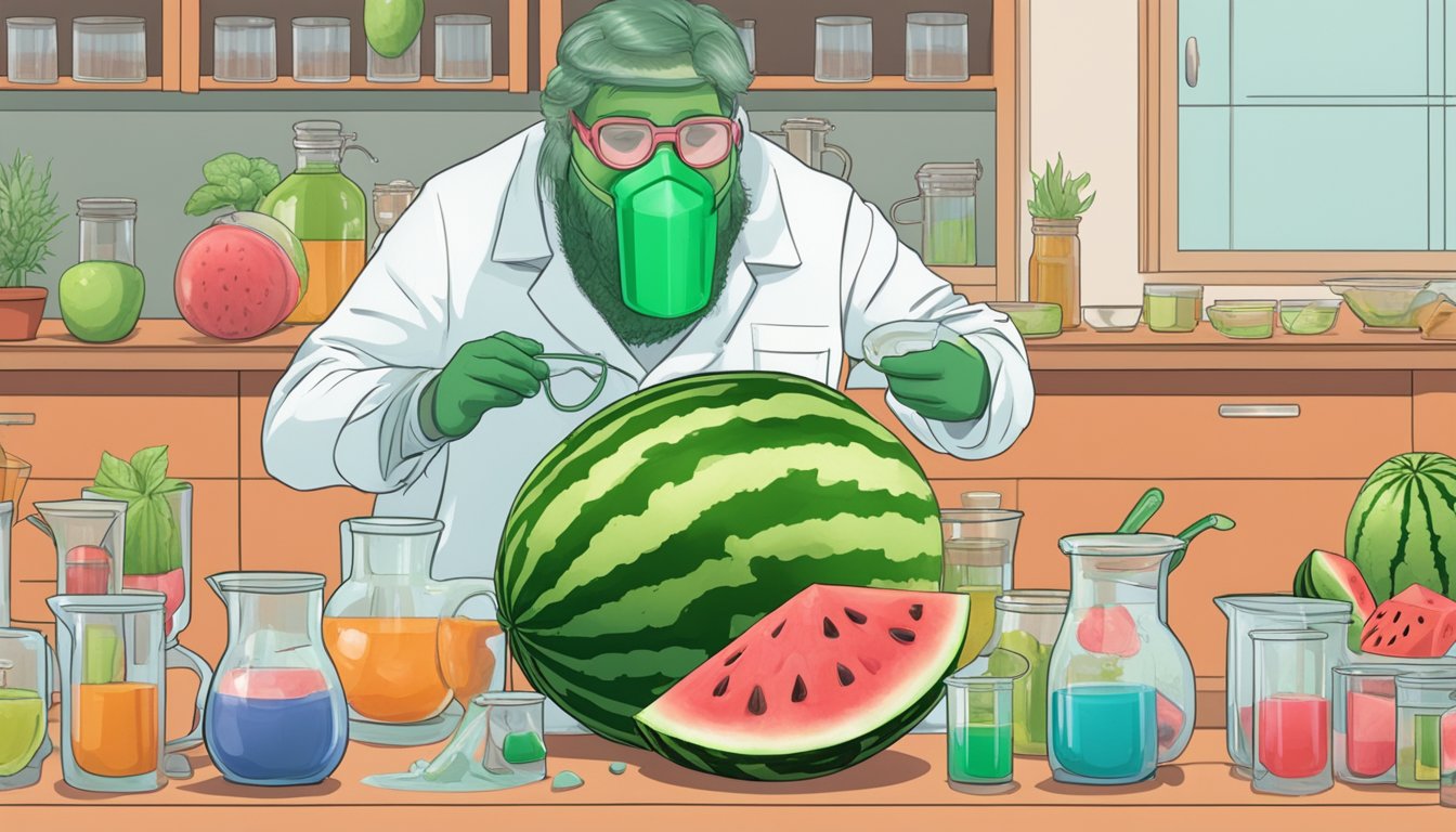 A scientist conducts research on watermelon, surrounded by beakers and measuring cups