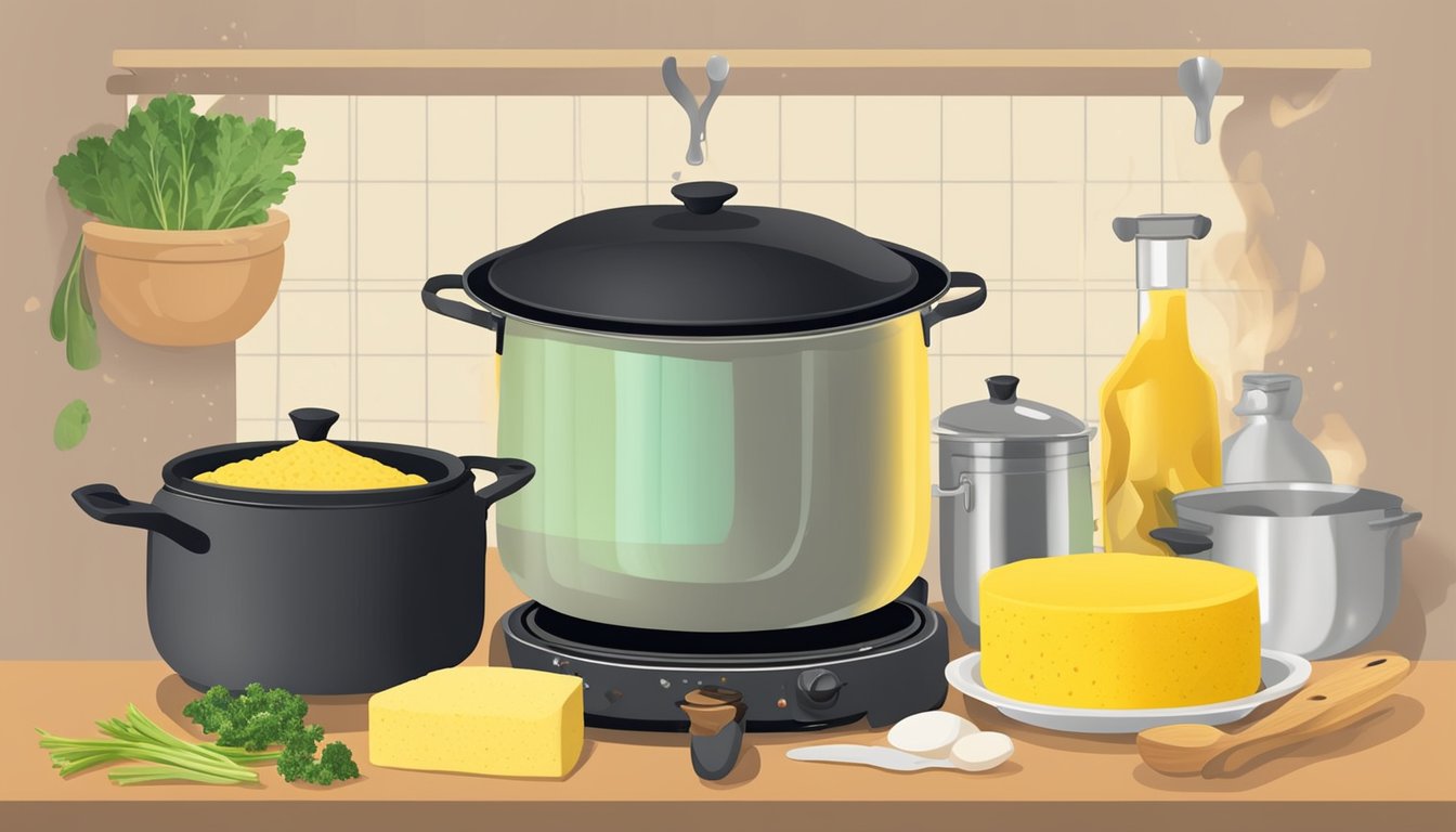 A pot of simmering polenta on a stove, surrounded by various cooking utensils and ingredients for a comforting meal