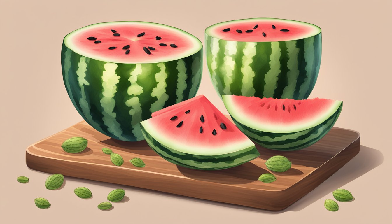 A watermelon sliced into 2 cups, with seeds scattered on a wooden cutting board