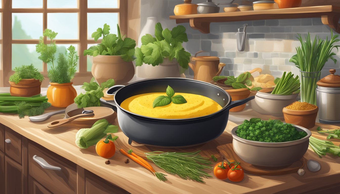 A cozy kitchen with a pot of creamy polenta simmering on the stove, surrounded by fresh herbs, vegetables, and a variety of spices