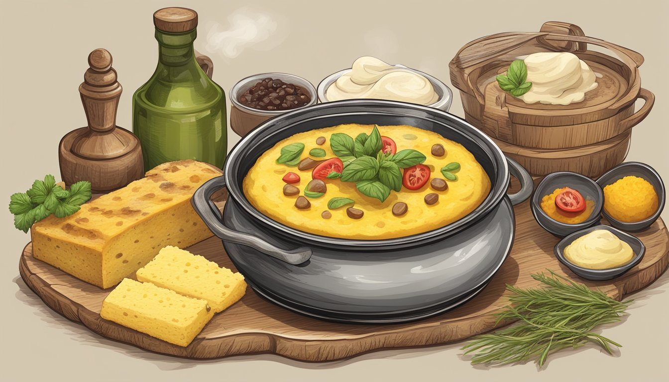 A rustic wooden table set with a steaming pot of creamy polenta, accompanied by a variety of comforting toppings and garnishes