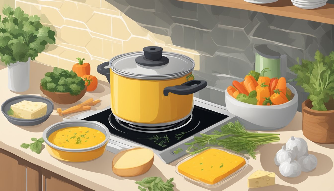 A pot of creamy polenta simmering on a stove, surrounded by various ingredients like cheese, herbs, and vegetables. A microwave and storage containers nearby