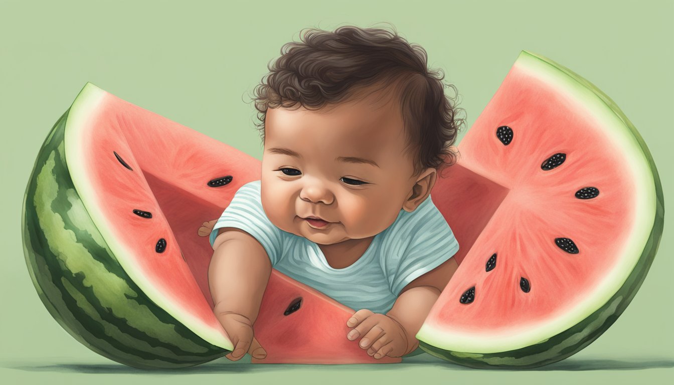 A watermelon sliced open, with a 5-month-old baby reaching out to touch it