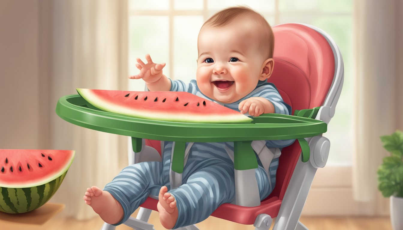 A 5-month-old baby sitting in a high chair, reaching out to grab a slice of juicy watermelon, with a big smile on their face