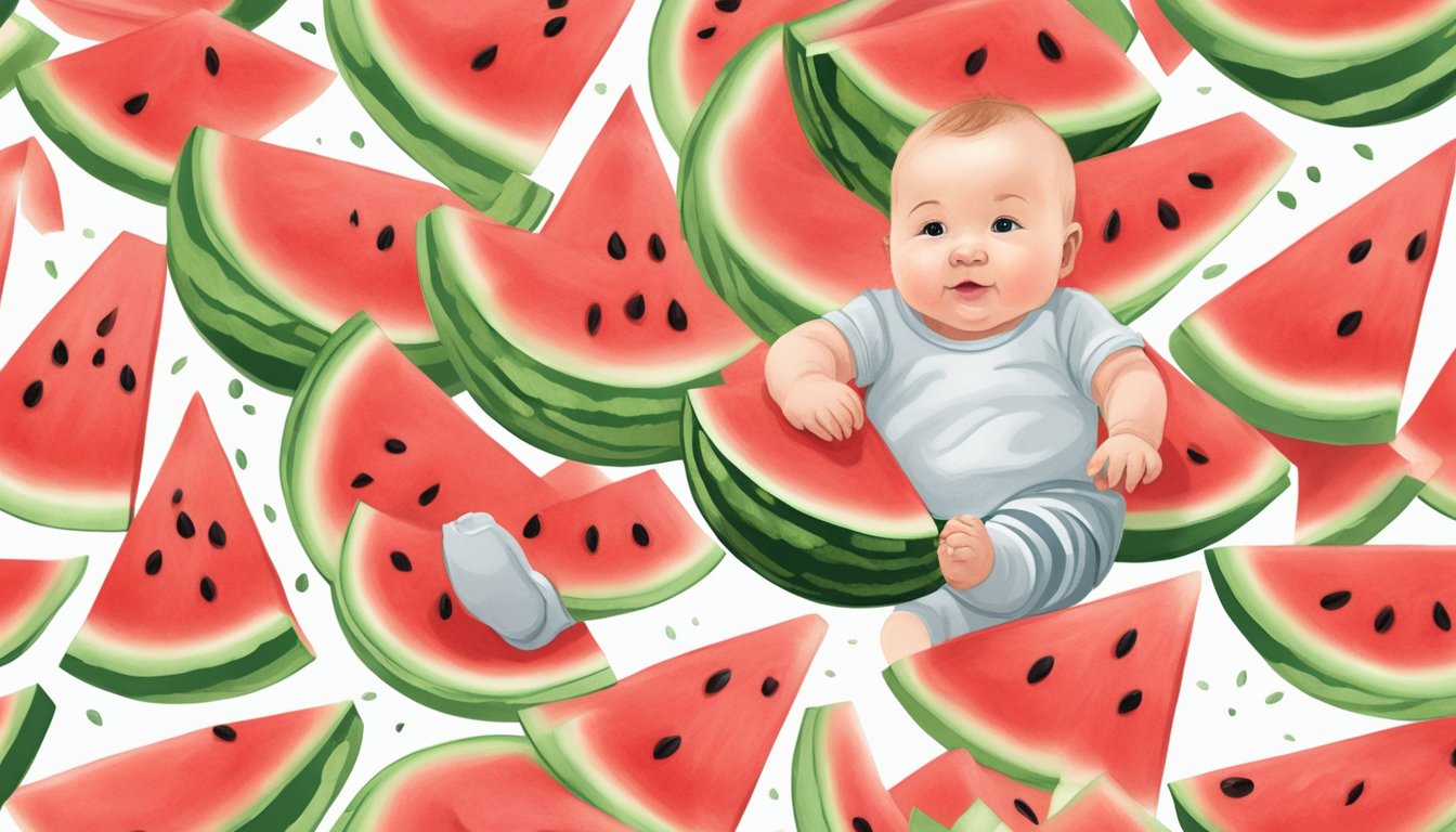 A 5-month-old baby surrounded by watermelon slices, showing signs of an allergic reaction with redness and swelling