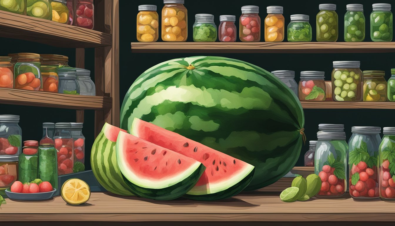 A watermelon sits in a cool, dark cellar, surrounded by shelves of canned goods and preserves. A small, delicate hand reaches out to touch the glossy green rind