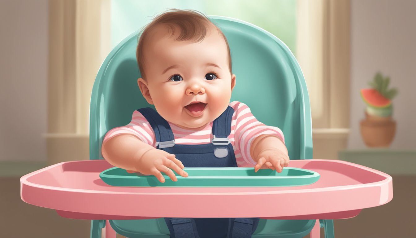 A 5-month-old baby sitting in a high chair, eagerly reaching for a slice of watermelon on the tray in front of them