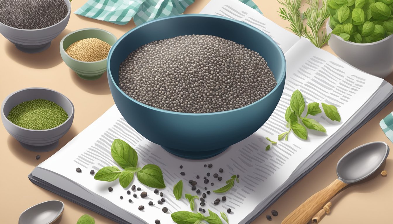 A bowl of chia seeds surrounded by various ingredients and utensils, with a recipe book open to a page on cooking with chia seeds