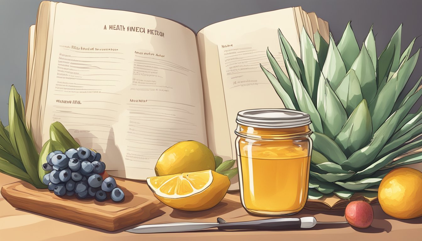 A kitchen counter with a jar of agave nectar surrounded by fresh fruits and a recipe book open to a page on health-conscious desserts