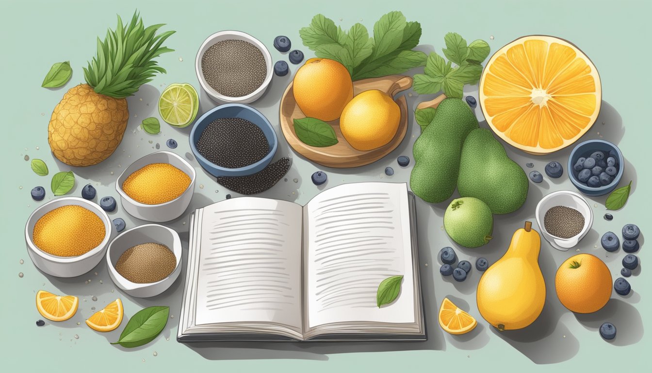 A kitchen counter with various ingredients and utensils, including chia seeds, fruits, and a recipe book open to a page about cooking with chia seeds