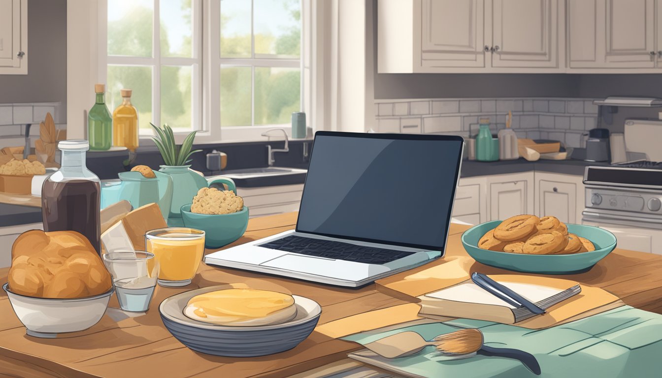 A kitchen counter with assorted baking ingredients and a bottle of agave nectar, surrounded by recipe books and a laptop showing health-conscious dessert recipes