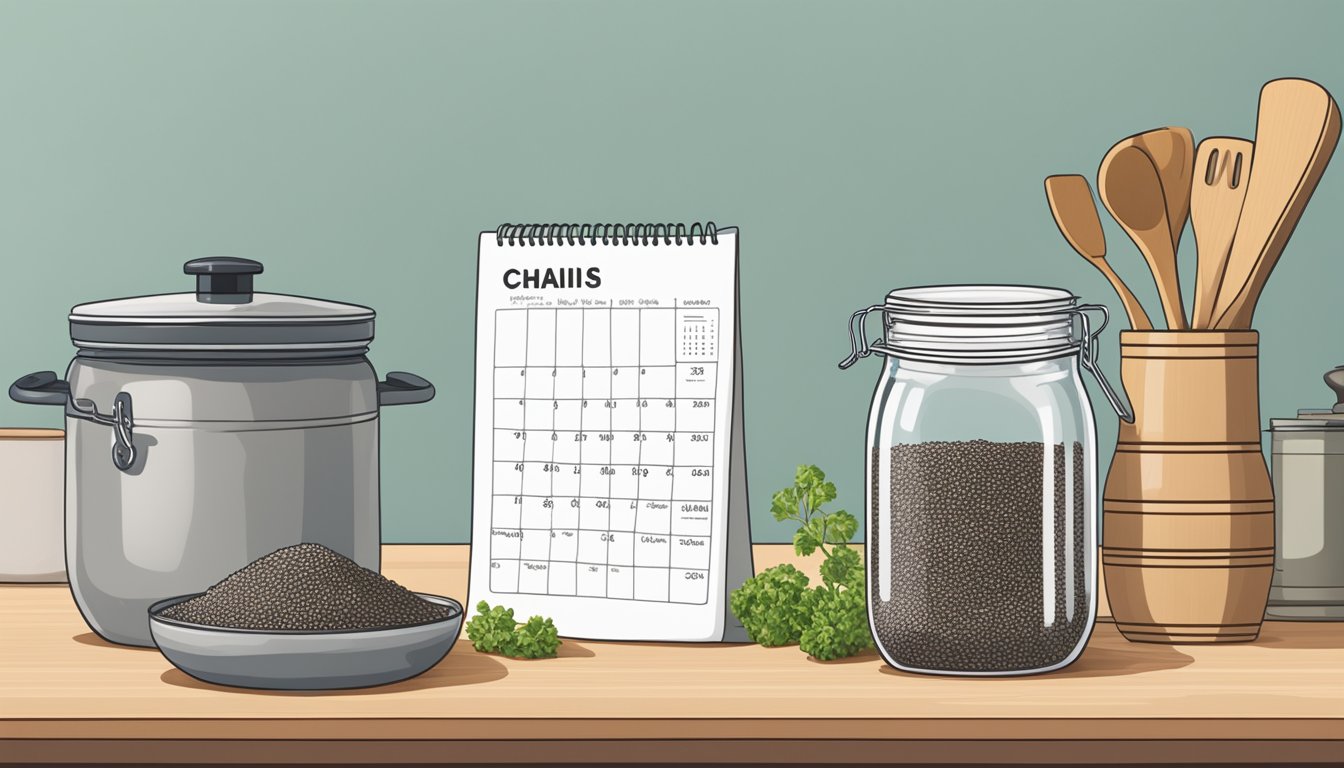 A jar of chia seeds sits on a kitchen counter next to a mixing bowl and various cooking utensils. A calendar on the wall indicates the current date