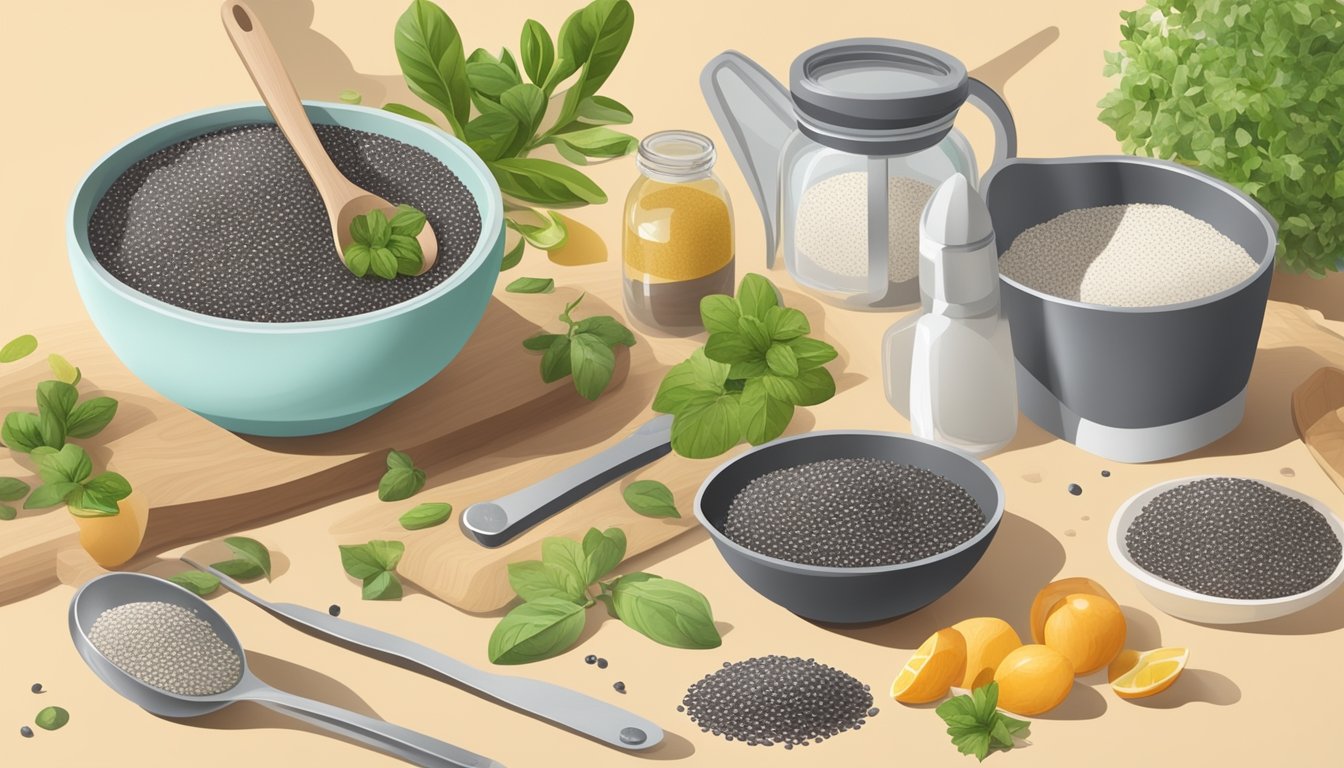 A kitchen counter with a bowl of chia seeds, a measuring spoon, and various ingredients for cooking, surrounded by eco-friendly and sustainable kitchen utensils and containers